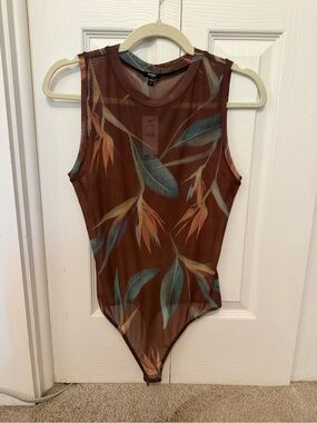 Express Sheer Tropical Print Bodysuit - Brown with Teal & Orange Leaves